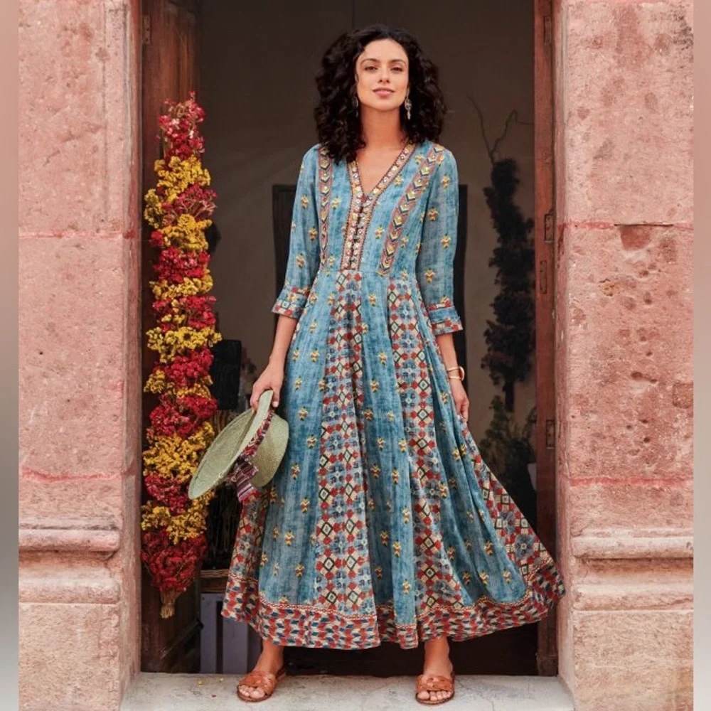 Soft Surroundings San Remo Boho Embroidered Gypsy Peasant Maxi Dress - Picture 1 of 13
